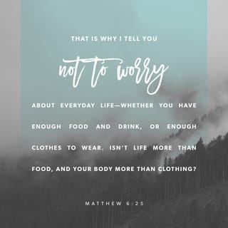 Matthew 6:25-34 - “Therefore I say to you, do not worry about your life, what you will eat or what you will drink; nor about your body, what you will put on. Is not life more than food and the body more than clothing? Look at the birds of the air, for they neither sow nor reap nor gather into barns; yet your heavenly Father feeds them. Are you not of more value than they? Which of you by worrying can add one cubit to his stature?
“So why do you worry about clothing? Consider the lilies of the field, how they grow: they neither toil nor spin; and yet I say to you that even Solomon in all his glory was not arrayed like one of these. Now if God so clothes the grass of the field, which today is, and tomorrow is thrown into the oven, will He not much more clothe you, O you of little faith?
“Therefore do not worry, saying, ‘What shall we eat?’ or ‘What shall we drink?’ or ‘What shall we wear?’ For after all these things the Gentiles seek. For your heavenly Father knows that you need all these things. But seek first the kingdom of God and His righteousness, and all these things shall be added to you. Therefore do not worry about tomorrow, for tomorrow will worry about its own things. Sufficient for the day is its own trouble.