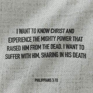 Philippians 3:10-11 - I want to know Christ and experience the mighty power that raised him from the dead. I want to suffer with him, sharing in his death, so that one way or another I will experience the resurrection from the dead!