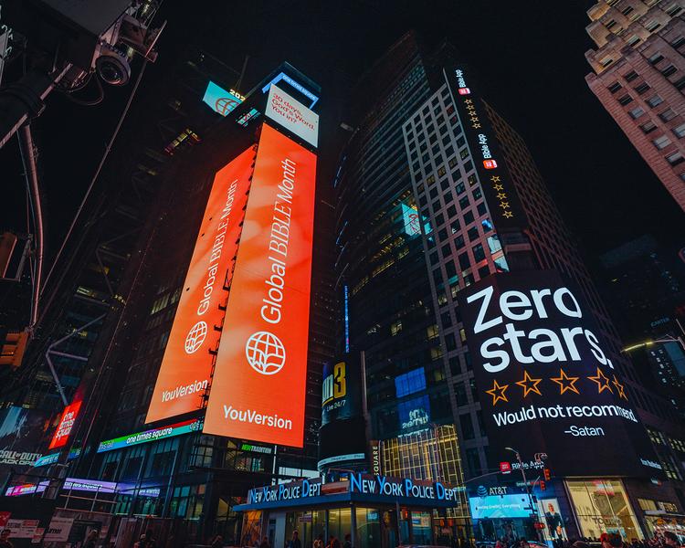 YouVersion ads in Times Square celebrate one billion Bible app installs.