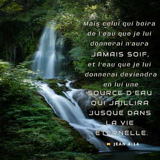 Jean 4:14 - Mais s’il boit l’eau que je lui donnerai, il n’aura plus jamais soif. Au contraire, l’eau que je lui donnerai deviendra en lui une source, et cette source donne la vie avec Dieu pour toujours. »