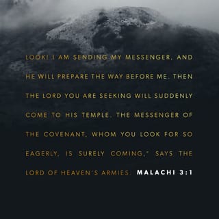 Malachi 3:1-12 - I, the LORD All-Powerful,
will send my messenger
to prepare the way for me.
Then suddenly the Lord
you are looking for
will appear in his temple.
The messenger you desire
is coming with my promise,
and he is on his way.

On the day the Lord comes, he will be like a furnace that purifies silver or like strong soap in a washbasin. No one will be able to stand up to him. The LORD will purify the descendants of Levi, as though they were gold or silver. Then they will bring the proper offerings to the LORD, and the offerings of the people of Judah and Jerusalem will please him, just as they did in the past.

The LORD All-Powerful said:
I'm now on my way to judge you. And I will quickly condemn all who practice witchcraft or cheat in marriage or tell lies in court or rob workers of their pay or mistreat widows and orphans or steal the property of foreigners or refuse to respect me.
Descendants of Jacob, I am the LORD All-Powerful, and I never change. That's why you haven't been wiped out, even though you have ignored and disobeyed my laws ever since the time of your ancestors. But if you return to me, I will return to you.
And yet you ask, “How can we return?”
You people are robbing me, your God. And, here you are, asking, “How are we robbing you?”
You are robbing me of the offerings and of the ten percent that belongs to me. That's why your whole nation is under a curse. I am the LORD All-Powerful, and I challenge you to put me to the test. Bring the entire ten percent into the storehouse, so there will be food in my house. Then I will open the windows of heaven and flood you with blessing after blessing. I will also stop locusts from destroying your crops and keeping your vineyards from producing. Everyone of every nation will talk about how I have blessed you and about your wonderful land. I, the LORD All-Powerful, have spoken!