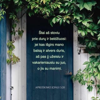 Apreiškimas 3:20 - Štai aš stoviu prie durų ir beldžiuosi: jei kas išgirs mano balsą ir atvers duris, aš pas jį užeisiu ir vakarieniausiu su juo, o jis su manimi.
