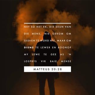 MATTHÉÜS 20:28 - net soos die Seun van die mens nie gekom het om gedien te word nie, maar om te dien en sy lewe te gee as 'n losprys vir baie.