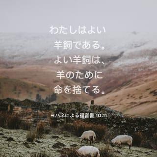 ヨハネによる福音書 10:11-16 - わたしはよい羊飼である。よい羊飼は、羊のために命を捨てる。 羊飼ではなく、羊が自分のものでもない雇人は、おおかみが来るのを見ると、羊をすてて逃げ去る。そして、おおかみは羊を奪い、また追い散らす。 彼は雇人であって、羊のことを心にかけていないからである。 わたしはよい羊飼であって、わたしの羊を知り、わたしの羊はまた、わたしを知っている。 それはちょうど、父がわたしを知っておられ、わたしが父を知っているのと同じである。そして、わたしは羊のために命を捨てるのである。 わたしにはまた、この囲いにいない他の羊がある。わたしは彼らをも導かねばならない。彼らも、わたしの声に聞き従うであろう。そして、ついに一つの群れ、ひとりの羊飼となるであろう。
