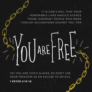 1 Peter 2:15-17 - For it is God’s will that by doing good you should silence the ignorant talk of foolish people. Live as free people, but do not use your freedom as a cover-up for evil; live as God’s slaves. Show proper respect to everyone, love the family of believers, fear God, honor the emperor.