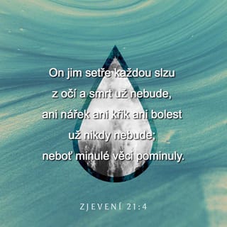 Zjevení 21:4-7 - On jim setře každou slzu z očí a smrt už nebude, ani nářek ani křik ani bolest už nikdy nebude; neboť minulé věci pominuly.“
Ten, který seděl na trůnu, řekl: „Hle, činím všechno nové.“ Řekl také: „Napiš, že tato slova jsou věrná a pravdivá.“ Pak mi řekl: „Stalo se. Já jsem Alfa i Omega, počátek i konec. Já dám žíznícímu zdarma napít z pramene vody života.
Kdo vítězí, dostane toto vše za dědictví. Já mu budu Bohem a on mi bude synem.