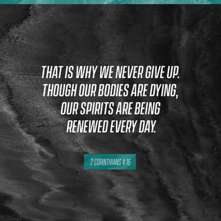 2 Corinthians 4:16-17 - For this reason we never become discouraged. Even though our physical being is gradually decaying, yet our spiritual being is renewed day after day. And this small and temporary trouble we suffer will bring us a tremendous and eternal glory, much greater than the trouble.
