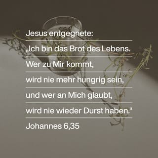 Johannes 6:35 - Jesus antwortete: »Ich bin das Brot des Lebens. Wer zu mir kommt, wird nie mehr hungrig sein, und wer an mich glaubt, wird nie mehr Durst haben.