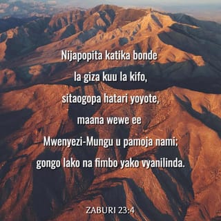 Zaburi 23:4 - Nijapopita katika bonde la giza kuu la kifo,
sitaogopa hatari yoyote,
maana wewe ee Mwenyezi-Mungu u pamoja nami;
gongo lako na fimbo yako vyanilinda.
