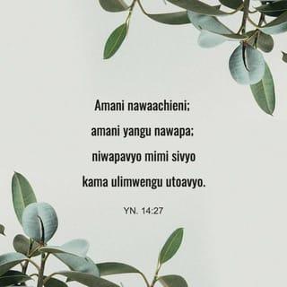 Yohana 14:27 - Amani nawaachia, amani yangu nawapa, amani hii niwapayo si kama ile ulimwengu utoayo. Msifadhaike mioyoni mwenu, wala msiogope.