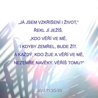 Jan 11:25-26 - Ježíš jí řekl: “Já jsem vzkříšení i život. Kdo věří ve mne, i kdyby zemřel, bude žít. A každý, kdo žije a věří ve mne, jistě nezemře na věčnost. Věříš tomu?”