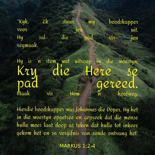 MARKUS 1:3 - Iemand roep in die woestyn:
Maak die pad vir die Here gereed,
maak die paaie vir Hom reguit. ”
