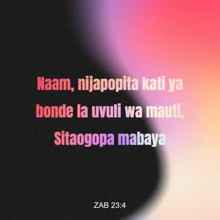 Zab 23:4 - Naam, nijapopita kati ya bonde la uvuli wa mauti,
Sitaogopa mabaya;
Kwa maana Wewe upo pamoja nami,
Gongo lako na fimbo yako vyanifariji.