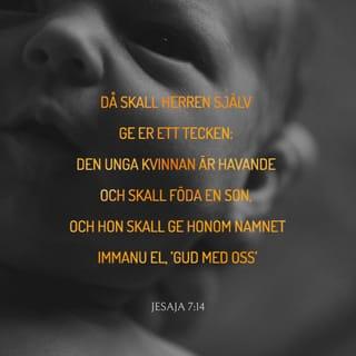 Jesaja 7:14 - Då skall Herren själv ge er ett tecken: Den unga kvinnan är havande och skall föda en son, och hon skall ge honom namnet Immanu El, ’Gud med oss’.
