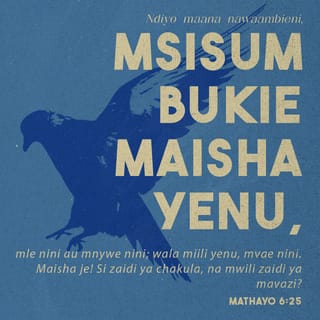 Mt 6:25 - Kwa sababu hiyo nawaambieni, Msisumbukie maisha yenu, mle nini au mnywe nini; wala miili yenu, mvae nini. Maisha je! Si zaidi ya chakula, na mwili zaidi ya mavazi?