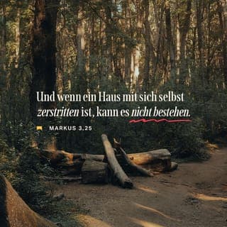 Markus 3:23-27-23-27 - ° Da rief Jesus sie zu sich und redete mit ihnen in Beispielen: »Wie kann der Satan den Satan vertreiben? ° Und wenn ein Staat in sich selbst gespalten ist, dann wird er keinen Bestand haben können. ° Wenn eine Familie im Unfrieden mit sich selbst ist, dann wird diese Familie nicht bestehen können. ° Wenn so der Satan, der Ankläger, gegen sich selbst aufsteht und in sich gespalten ist, dann wird er nicht aufrecht stehen können, sondern findet sein Ende. ° Genauso kann keiner in das Haus eines starken Mannes eindringen und seinen Besitz rauben, wenn er nicht zuerst diesen starken Mann fesselt. Erst dann kann er dessen Haus ausräumen.