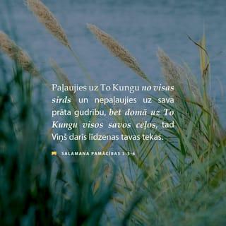 Salamana Pamācības 3:5-12 - Paļaujies uz To Kungu no visas sirds un nepaļaujies uz sava prāta gudrību, bet domā uz To Kungu visos savos ceļos, tad Viņš darīs līdzenas tavas tekas. Neliecies sev pārmērīgi gudrs esam, bet bīsties To Kungu un vairies no ļauna. Tās būs zāles tavai miesai, kas dziedina un atspirdzinās tavus kaulus. Dod godu Tam Kungam arī no savas mantas un piešķir Viņam visu savu ienākumu pirmajus, tad pildīsies tavi šķūņi ar pilnību, un tavas vīna spiedes plūdīs pār malām pāri. Mans dēls, neatmet Tā Kunga tev piešķirto mācību un nesajūti nepatiku par Viņa uzlikto pārmācību, jo, ko Tas Kungs mīl, to Viņš pārmāca, turēdams tomēr labu prātu uz viņu kā tēvs pret dēlu.