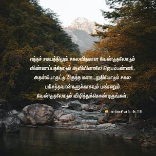 எபேசியர் 6:18-20 - எந்தச் சமயத்திலும் சகலவிதமான வேண்டுதலோடும் விண்ணப்பத்தோடும் ஆவியினாலே ஜெபம்பண்ணி, அதன்பொருட்டு மிகுந்த மனவுறுதியோடும் சகல பரிசுத்தவான்களுக்காகவும் பண்ணும் வேண்டுதலோடும் விழித்துக்கொண்டிருங்கள்.
சுவிசேஷத்திற்காகச் சங்கிலியால் கட்டப்பட்டிருக்கிற ஸ்தானாபதியாகிய நான் அதைப்பற்றிப் பேசவேண்டியபடி தைரியமாய்ப் பேசத்தக்கதாக,
நான் தைரியமாய் என் வாயைத் திறந்து சுவிசேஷத்தின் இரகசியத்தை அறிவிக்கிறதற்கு வாக்கு எனக்குக் கொடுக்கப்படும்படி எனக்காகவும் விண்ணப்பம்பண்ணுங்கள்.