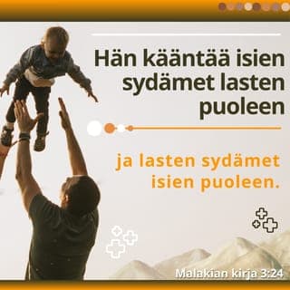 Malakia 4:5-6 - (23) Katso, minä lähetän teille profeetta Elian,
ennenkuin tulee Herran päivä,
se suuri ja peljättävä.
(24) Ja hän on kääntävä jälleen
isien sydämet lasten puoleen
ja lasten sydämet heidän isiensä puoleen,
etten minä tulisi ja löisi maata,
vihkisi sitä tuhon omaksi.