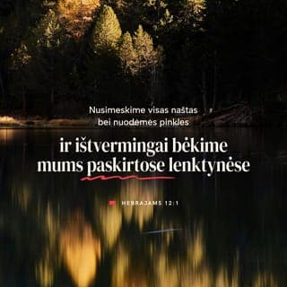Laiškas Hebrajams 12:1-2 - Todėl ir mes, tokio didelio debesies liudytojų apsupti, nusimeskime visus apsunkinimus bei lengvai apraizgančią nuodėmę ir ištvermingai bėkime mums paskirtose lenktynėse,
žiūrėdami į tikėjimo pradininką ir atbaigėją Jėzų, kuris vietoj sau priderančio džiaugsmo, nepaisydamas gėdos, iškentėjo kryžių ir atsisėdo Dievo sosto dešinėje.