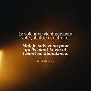 Jean 10:10 - Le voleur ne vient que pour voler (des choses), pour tuer (des gens), et pour détruire {abîmer} (des affaires). Moi, je suis venu pour que les gens aient la vie, et qu'ils l'aient en abondance {et que cette vie déborde en eux}.
