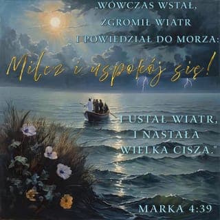 Ewangelia Marka 4:39-40 - Zaś on się obudził, po czym zgromił wiatr i powiedział morzu: Umilknij; bądź cicho. I wiatr ustał oraz stała się wielka cisza.
Także im powiedział: Dlaczego jesteście tak bojaźliwi? Jakże nie macie wiary?