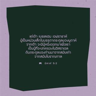 มีคาห์ 5:2-7 - แต่เจ้า เบธเลเฮม เอฟราธาห์
ผู้เป็นหน่วยเล็กในบรรดาตระกูลของยูดาห์
จากเจ้า จะมีผู้หนึ่งออกมาเพื่อเรา
เป็นผู้ที่จะปกครองในอิสราเอล
ต้นตระกูลของท่านมาจากสมัยเก่า
จากสมัยโบราณกาล
ดังนั้น พระองค์จะทรงละทิ้งพวกเขา
จนถึงเวลาที่หญิงผู้เจ็บครรภ์จะคลอดบุตร
แล้วบรรดาพี่น้องที่เหลืออยู่จะกลับมา
ยังคนอิสราเอล
และท่านจะยืนมั่น และจะเลี้ยงฝูงแกะของท่านด้วยพระกำลังของพระยาห์เวห์
ด้วยความยิ่งใหญ่แห่งพระนามพระยาห์เวห์พระเจ้าของท่าน
และเขาทั้งหลายจะดำรงอยู่ได้ เพราะบัดนี้ท่านจะเป็นใหญ่
จนสุดปลายพิภพ
นี่จะเป็นสันติสุข
เมื่อคนอัสซีเรียจะยกเข้ามาในแผ่นดินของเรา
และเมื่อเขาจะเหยียบย่ำเวียงวังทั้งหลายของเรา
เราจะยกผู้เลี้ยงแกะเจ็ดคน
และเจ้านายแปดคนมาต่อต้านเขา
เขาทั้งหลายจะปกครองแผ่นดินอัสซีเรียด้วยดาบ
และแผ่นดินนิมโรดที่บรรดาทางเข้าเมือง
และท่านจะช่วยกู้พวกเราให้พ้นจากคนอัสซีเรีย
เมื่อพวกเขายกรุกล้ำแผ่นดินของพวกเรา
และเหยียบย่ำอาณาเขตของพวกเรา
แล้วคนที่เหลืออยู่ของยาโคบ
จะอยู่ท่ามกลางชนชาติมากมาย
เหมือนน้ำค้างจากพระยาห์เวห์
เหมือนห่าฝนที่ตกบนหญ้า
ซึ่งไม่รอคอยมนุษย์
หรือคอยเหล่าบุตรของมนุษย์