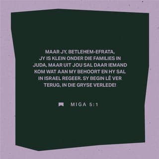 MIGA 5:1-5 - Maar jy, Betlehem-Efrata,
jy is klein onder die families in Juda,
maar uit jou sal daar iemand kom
wat aan My behoort
en hy sal in Israel regeer.
Sy begin lê ver terug,
in die gryse verlede!
Hy sal sy mense 'n kort rukkie prysgee,
so lank as dit 'n vrou neem om 'n kind in die wêreld te bring.
Dan sal dié uit sy familie wat die ramp oorleef het,
terugkom na die Israeliete toe.
Hy sal na vore kom en sy volk lei
deur die krag wat die Here hom gee,
deur die sterkte van die Naam van die Here sy God.
Hulle sal woon tot in die uithoeke van die aarde,
want hulle leier sal sterk wees.
Hy sal vrede bring.
Wanneer Assirië ons land binneval,
wanneer hy in ons mooi huise wil ingaan,
sal ons baie leiers,
genoeg generaals, teen hom uitstuur.
Hulle sal Assirië platloop met die swaard,
die land van Nimrod met swaarde
wat reg is om te steek.
Die regeerder uit Betlehem sal ons red
uit die mag van Assirië
wanneer Assirië ons land binneval,
wanneer hy ons gebied binnekom.