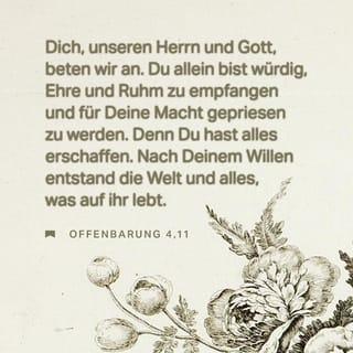 Offenbarung 4:11 - »Dich, unseren Herrn und Gott, beten wir an.
Du allein bist würdig, Ehre und Ruhm zu empfangen
und für deine Macht gepriesen zu werden.
Denn du hast alles erschaffen.
Nach deinem Willen entstand die Welt
und alles, was auf ihr lebt.«