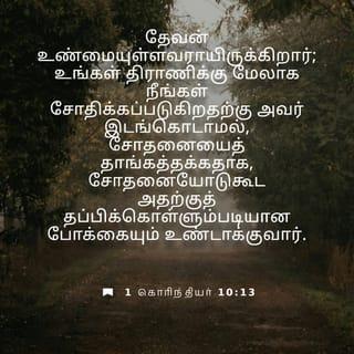 1 கொரிந்தியர் 10:13 - உங்களுக்கு நேரிட்ட சோதனைகள் பொதுவாக மனிதனுக்கு நேரிடுகிறவைகளே. இறைவன் உங்களுக்கு உண்மையுள்ளவராயிருக்கிறார்; ஆகவே உங்களால் தாங்கமுடியாத அளவுக்கு நீங்கள் சோதனைக்குள்ளாக அவர் இடங்கொடுக்கமாட்டார். ஆயினும் நீங்கள் சோதனைக்குட்படும்போது, நீங்கள் அதிலிருந்து தப்பித்துக் கொள்ளக்கூடிய ஒரு வழியையும் அவர் ஏற்படுத்தித் தருவார். அதனால், உங்களுக்கு அதைத் தாங்கிக்கொள்ளக் கூடியதாயிருக்கும்.