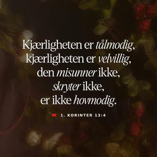 Første Korinterbrev 13:4-5-4-5 - Kjærligheten er tålmodig,
og den er vennlig.
Kjærligheten er ikke misunnelig.
Kjærligheten skryter ikke,
og den fokuserer ikke på seg selv.
Den oppfører seg ikke dårlig
og krever ikke sin egen vei.
Den lar seg ikke hisse opp,
og den gjør ikke
noe vondt mot noen.