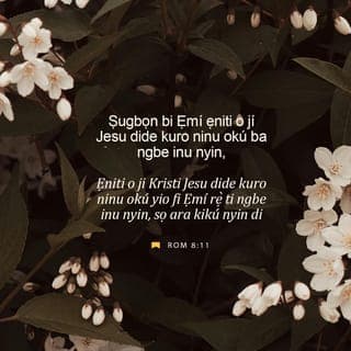 Rom 8:10-11 - Bi Kristi ba si wà ninu nyin, ara jẹ okú nitori ẹ̀ṣẹ: ṣugbọn ẹmí jẹ iyè nitori ododo.
Ṣugbọn bi Ẹmí ẹniti o jí Jesu dide kuro ninu okú ba ngbe inu nyin, ẹniti o ji Kristi Jesu dide kuro ninu okú yio fi Ẹmí rẹ̀ ti ngbe inu nyin, sọ ara kikú nyin di ãye pẹlu.