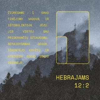 Laiškas Hebrajams 12:1-2 - Todėl ir mes, tokio didelio debesies liudytojų apsupti, nusimeskime visus apsunkinimus bei lengvai apraizgančią nuodėmę ir ištvermingai bėkime mums paskirtose lenktynėse,
žiūrėdami į tikėjimo pradininką ir atbaigėją Jėzų, kuris vietoj sau priderančio džiaugsmo, nepaisydamas gėdos, iškentėjo kryžių ir atsisėdo Dievo sosto dešinėje.