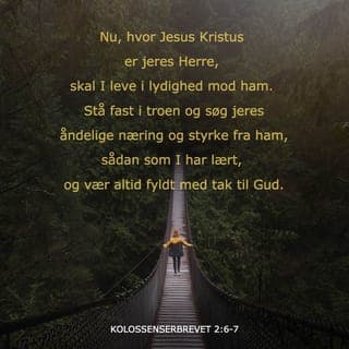 Kolossenserbrevet 2:5-7 - Selvom jeg opholder mig langt borte fra jer, tænker jeg meget på jer, og jeg glæder mig over at høre, at I står sammen i jeres fællesskab og har en stærk tro på Kristus.
Nu, hvor Jesus Kristus er jeres Herre, skal I følge ham. Stå fast i troen og søg jeres åndelige næring og styrke fra ham, sådan som I har lært, og vær altid fyldt med tak til Gud.