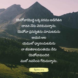 కీర్తనల గ్రంథము 27:4 - యెహోవా నాకు అనుగ్రహించాలని నేను ఆయనను అడిగేది ఒకే ఒకటి ఉంది.
నేను అడిగేది ఇదే:
“నా జీవిత కాలం అంతా నన్ను యెహోవా ఆలయంలో కూర్చుండనిచ్చుట.
ఆయన రాజ భవనాన్ని నన్ను సందర్శించనిచ్చుట.
యెహోవా సౌందర్యాన్ని నన్ను చూడనిమ్ము.”
