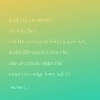 JOHANNES 3:15-20 - sodat elkeen wat in Hom glo, die ewige lewe kan hê.
“God het die wêreld so liefgehad dat Hy sy enigste Seun gegee het, sodat dié wat in Hom glo, nie verlore sal gaan nie maar die ewige lewe sal hê. God het nie sy Seun na die wêreld toe gestuur om die wêreld te veroordeel nie, maar sodat die wêreld deur Hom gered kan word. Wie in Hom glo, word nie veroordeel nie; wie nie glo nie, is reeds veroordeel omdat hy nie in die enigste Seun van God glo nie. En so kom die skeiding: die lig het na die wêreld toe gekom, en tog het die mense eerder die duisternis as die lig liefgehad, want hulle dade was sleg. Elkeen wat kwaad doen, haat immers die lig en kom nie na die lig toe nie, sodat sy dade nie aan die kaak gestel moet word nie.