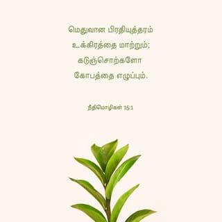 நீதிமொழிகள் 15:1-7 - மெதுவான பிரதியுத்தரம் உக்கிரத்தை மாற்றும்; கடுஞ்சொற்களோ கோபத்தை எழுப்பும்.
ஞானிகளின் நாவு அறிவை உபயோகப்படுத்தும்; மூடரின் வாயோ புத்தியீனத்தைக் கக்கும்.
கர்த்தரின் கண்கள் எவ்விடத்திலுமிருந்து, நல்லோரையும் தீயோரையும் நோக்கிப்பார்க்கிறது.
ஆரோக்கியமுள்ள நாவு ஜீவவிருட்சம்; நாவின் மாறுபாடோ ஆவியை நொறுக்கும்.
மூடன் தன் தகப்பன் புத்தியை அலட்சியம்பண்ணுகிறான்; கடிந்துகொள்ளுதலைக் கவனித்து நடக்கிறவனோ விவேகி.
நீதிமானுடைய வீட்டில் அதிக பொக்கிஷமுண்டு; துன்மார்க்கனுடைய வருமானத்திலோ துன்பமுண்டு.
ஞானிகளின் உதடுகள் அறிவை இறைக்கும்; மூடரின் இருதயமோ அப்படியல்ல.