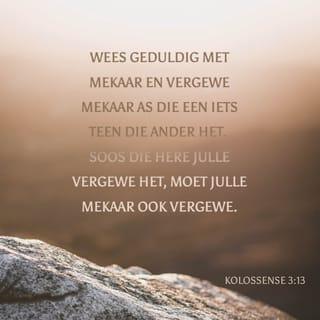 KOLOSSENSE 3:13-21 - Wees geduldig met mekaar en vergewe mekaar as die een iets teen die ander het. Soos die Here julle vergewe het, moet julle mekaar ook vergewe. Bo dit alles moet julle mekaar liefhê. Dit is die band wat julle tot volmaakte eenheid saambind. En die vrede wat Christus gee, moet in julle lewens die deurslag gee. God het julle immers geroep om as lede van een liggaam in vrede met mekaar te lewe. Wees altyd dankbaar. Die boodskap van Christus moet in sy volle rykdom in julle bly. Leer en onderrig mekaar met alle wysheid. Met dankbaarheid in julle harte moet julle psalms, lofgesange en ander geestelike liedere tot eer van God sing. En wat julle ook al sê of doen, sê en doen dit alles in die Naam van die Here Jesus en dank God die Vader deur Hom.
Vrouens, wees aan julle mans onderdanig soos dit pas by mense wat in die Here glo.
Mans, julle moet julle vrouens liefhê, moenie die lewe vir hulle bitter maak nie.
Kinders, wees in alles aan julle ouers gehoorsaam, want die Here verlang dit van kinders wat in Hom glo.
Vaders, moenie gedurig by julle kinders fout soek dat hulle moedeloos word nie.