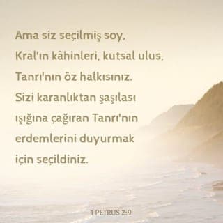 1.PETRUS 2:9-10 - Ama siz seçilmiş soy, Kral'ın kâhinleri, kutsal ulus, Tanrı'nın öz halkısınız. Sizi karanlıktan şaşılası ışığına çağıran Tanrı'nın erdemlerini duyurmak için seçildiniz. Bir zamanlar halk değildiniz, ama şimdi Tanrı'nın halkısınız. Bir zamanlar merhamete erişmemiştiniz, şimdiyse merhamete eriştiniz.