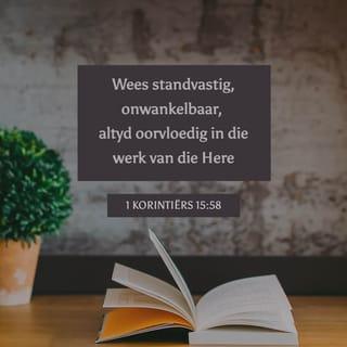 1 Korintiërs 15:58 - My liewe broers en susters, dit gee julle alle rede om julle nie ’n duim te laat wegbeweeg van dit waarin julle glo nie. Staan vas. As daar iets is wat julle vir die Here kan doen, doen dit en nog meer, maak nie saak wanneer en waar nie. Julle twyfel mos nie een oomblik daaraan dat wat julle vir die Here doen die moeite werd is nie.