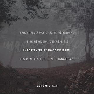 Jérémie 33:2-3 - Ainsi parle l’Éternel, qui fait ces choses,
L’Éternel, qui les conçoit et les exécute,
Lui, dont le nom est l’Éternel:
Invoque-moi, et je te répondrai;
Je t’annoncerai de grandes choses, des choses cachées,
Que tu ne connais pas.