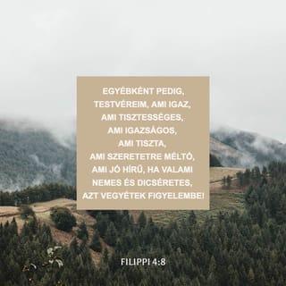 Filippi 4:7-8 - és Isten békessége, mely minden értelmet meghalad, meg fogja őrizni szíveteket és gondolataitokat Krisztus Jézusban.
Egyébként pedig, testvéreim, ami igaz, ami tisztességes, ami igazságos, ami tiszta, ami szeretetre méltó, ami jó hírű, ha valami nemes és dicséretes, azt vegyétek figyelembe!