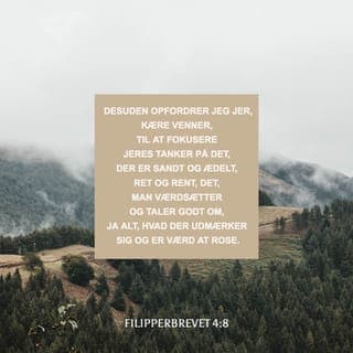 Paulus' Brev til Filipperne 4:8 - I øvrigt, Brødre! alt, hvad der er sandt, hvad der er ærbart, hvad der er retfærdigt, hvad der er rent, hvad der er elskeligt, hvad der har godt Lov, enhver Dyd og enhver Hæder: lægger eder det paa Sinde!