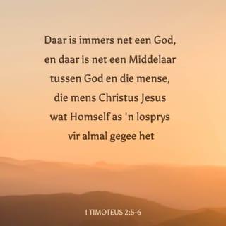 1 TIMOTEUS 2:5-6 - Want daar is net een God en een Middelaar
wat God en mens kan versoen.
Hy is die mens Christus Jesus.
Hy het sy lewe gegee
om vryheid vir elkeen te koop.
Dit is die boodskap wat God
aan die wêreld gegee het
op die bestemde tyd.