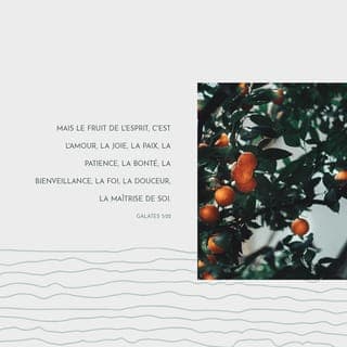 Galates 5:22-26 - Mais le fruit de l’Esprit, c’est l’amour, la joie, la paix, la patience, la bonté, la bénignité, la fidélité, la douceur, la tempérance; la loi n’est pas contre ces choses. Ceux qui sont à Jésus-Christ ont crucifié la chair avec ses passions et ses désirs. Si nous vivons par l’Esprit, marchons aussi selon l’Esprit. Ne cherchons pas une vaine gloire, en nous provoquant les uns les autres, en nous portant envie les uns aux autres.