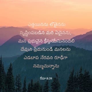 రోమీయులకు వ్రాసిన లేఖ 8:38-39 - చావుగాని, బ్రతుకుగాని, దేవదూతలుగాని, దయ్యాలుగాని, ప్రస్తుతంగాని, భవిష్యత్తుగాని, మరే శక్తులుగాని ఎత్తుగాని, అగాధంగాని, సృష్టిలో ఉన్న మరేదైనాగాని మన యేసు క్రీస్తు ప్రభువు ద్వారా మనకు లభిస్తున్న దేవుని ప్రేమనుండి మనల్ని విడదీయలేవని నేను ఖండితంగా చెప్పగలను.