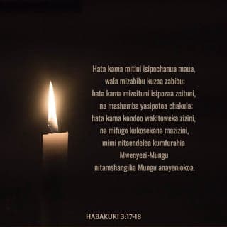 Habakuki 3:17-18 - Hata kama mitini isipochanua maua,
wala mizabibu kuzaa zabibu;
hata kama mizeituni isipozaa zeituni,
na mashamba yasipotoa chakula;
hata kama kondoo wakitoweka zizini,
na mifugo kukosekana mazizini,
mimi nitaendelea kumfurahia Mwenyezi-Mungu
nitamshangilia Mungu anayeniokoa.