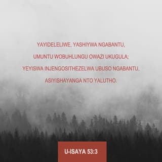 U-Isaya 53:2-5 - Ngokuba yakhula njengehlumela phambi kwakhe,
nanjengempande emhlabathini owomileyo;
yayingenasimo nabuhle ukuba siyibuke,
yayingabukeki ukuba siyifune.
Yayideleliwe, yashiywa ngabantu,
umuntu wobuhlungu owazi ukugula;
yeyiswa injengosithezelwa ubuso ngabantu,
asiyishayanga nto yalutho.
Kepha yazithwala izifo zethu,
yabetshatha ubuhlungu bethu,
kodwa thina sathi ijezisiwe,
ishaywe nguNkulunkulu, ihlushiwe.
Yebo, yalinyazwa ngenxa yeziphambeko zethu,
yachotshozwa ngobubi bethu;
isijeziso sasiphezu kwayo ukuba sibe nokuthula,
nangemivimbo yayo siphilisiwe thina.