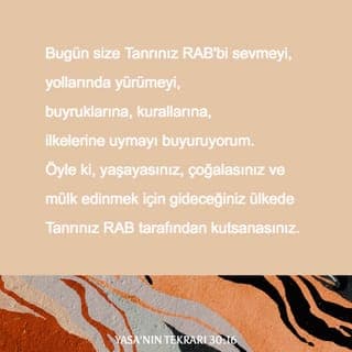 YASA'NIN TEKRARI 30:16 - Bugün size Tanrınız RAB'bi sevmeyi, yollarında yürümeyi, buyruklarına, kurallarına, ilkelerine uymayı buyuruyorum. Öyle ki, yaşayasınız, çoğalasınız ve mülk edinmek için gideceğiniz ülkede Tanrınız RAB tarafından kutsanasınız.