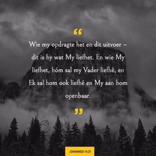 Johannes 14:21 - As julle weet wat Ek wil hê julle moet doen, en julle doen dit, dan wys julle dat julle lief is vir My. As julle lief is vir My, dan sal my Vader ook lief wees vir julle. Dan sal Ek ook lief wees vir julle en Ek sal vir julle wys wie Ek is.”